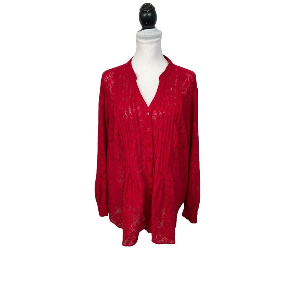 Style & Co Knit Top Blouse Plus Size 2X 3/4 Sleeves Mesh Pleated Red Work Top